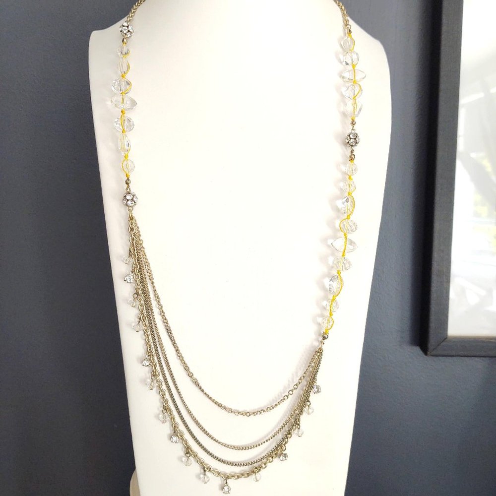 Loft gold/silver multi chain and clear bead necklace with yellow thread accent